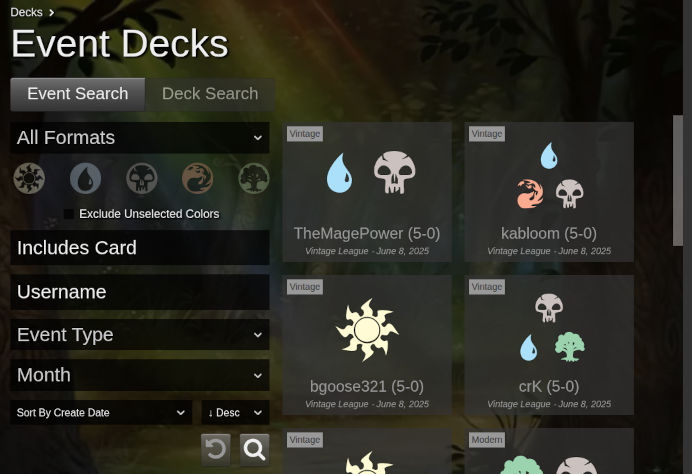 Screenshot of Event Deck Search Page