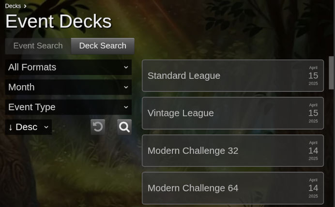 Screenshot of Event Search Page