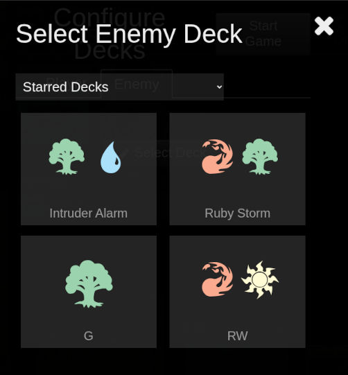 Screenshot of Select Enemy Deck dialog with Starred Decks selected